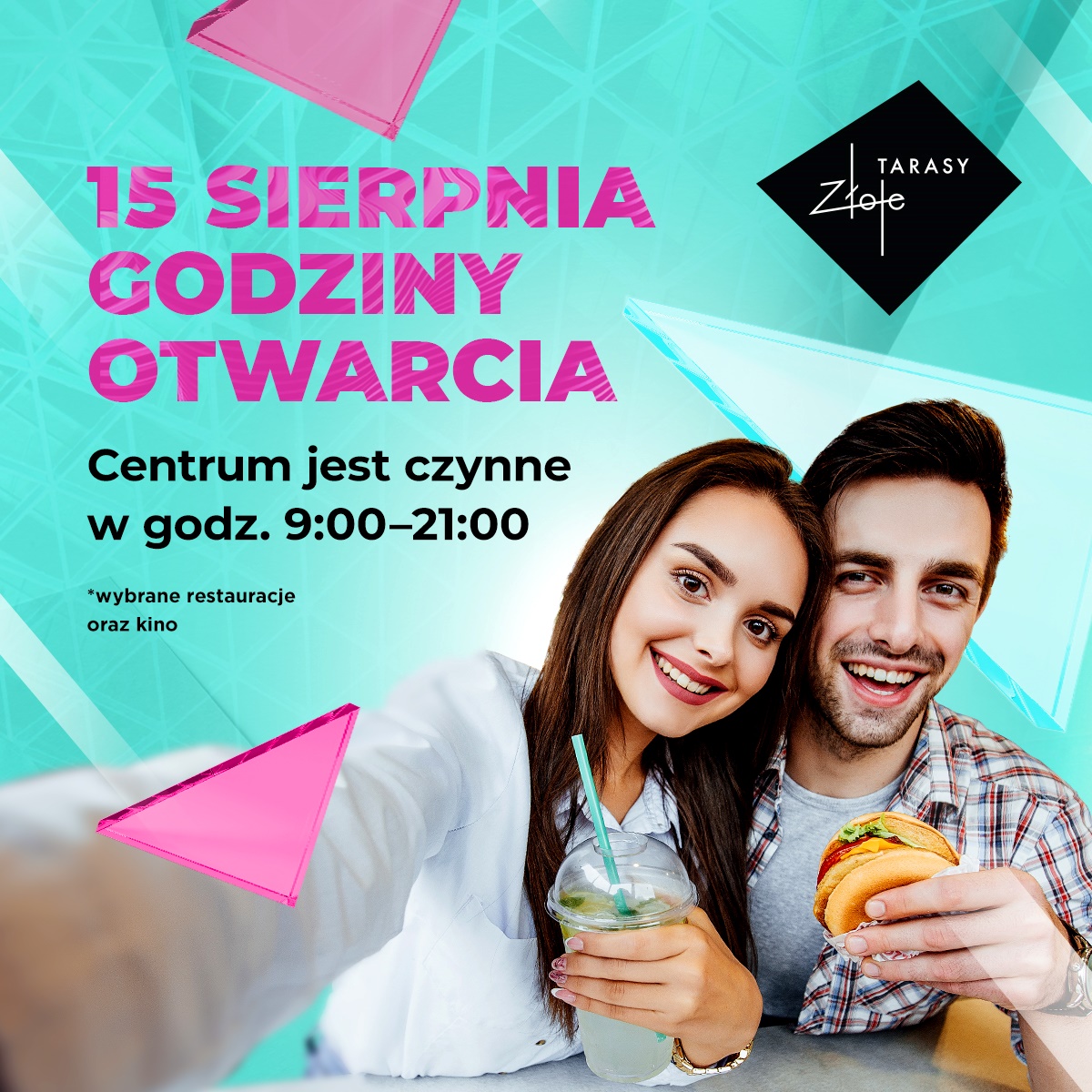 <p>15 sierpnia Złote Tarasy są czynne w godzinach 9:00 - 21:00*</p>