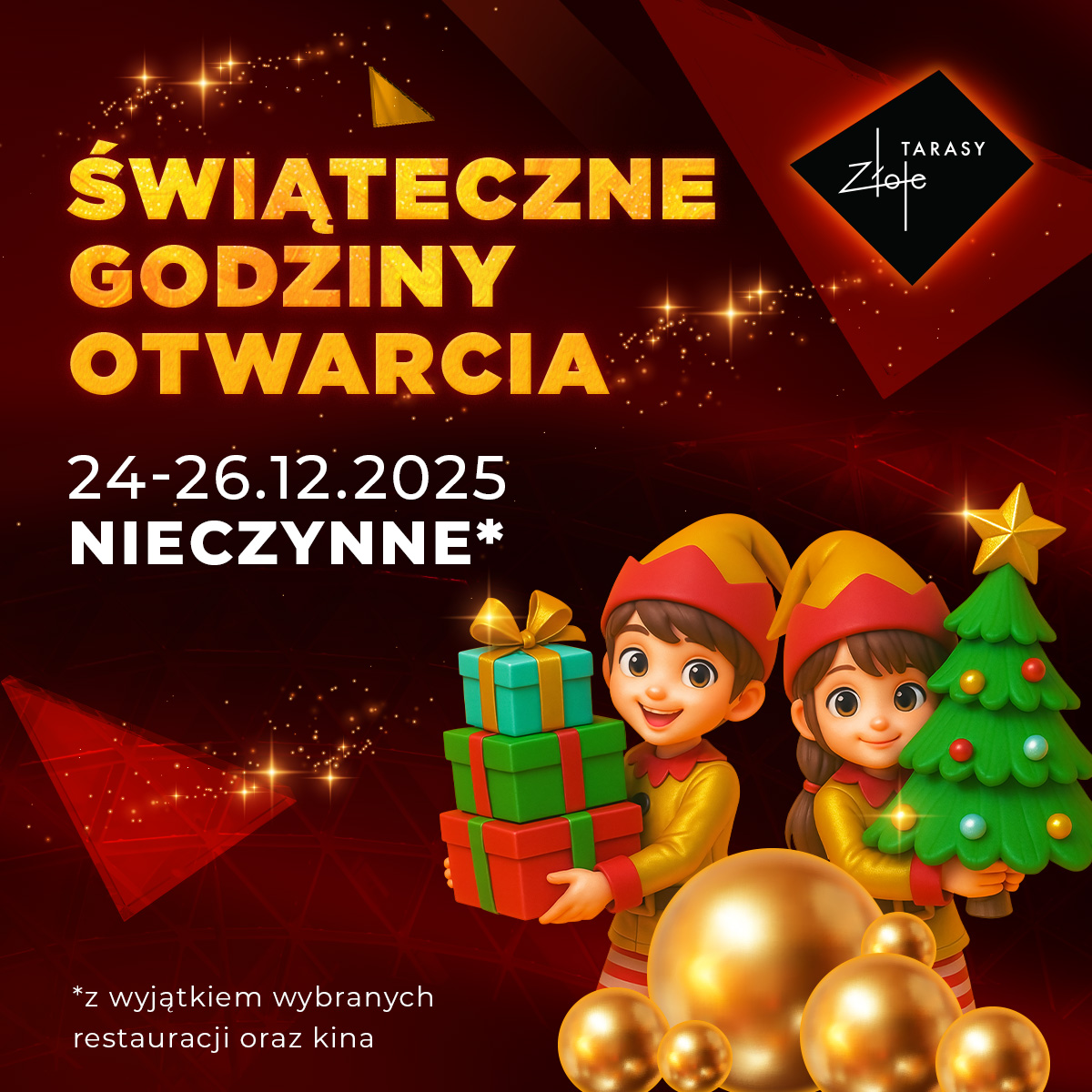 <p>W dniach 24–26 grudnia Centrum Handlowe Złote Tarasy będzie nieczynne. Otwarte pozostaną jedynie wybrane restauracje oraz kino.</p>